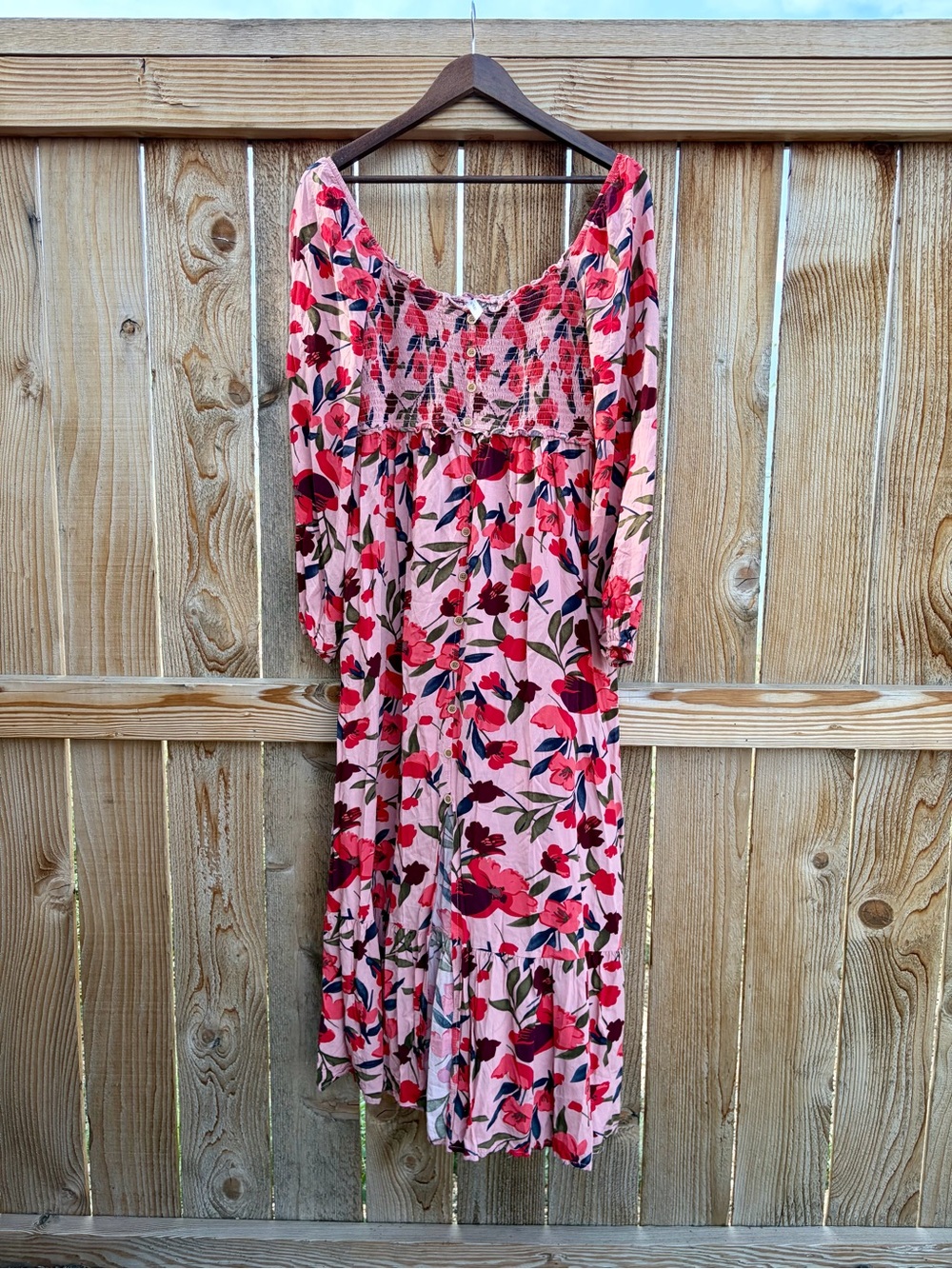 Pink Floral Maxi Dress with Smocked Bodice and Long Sleeves